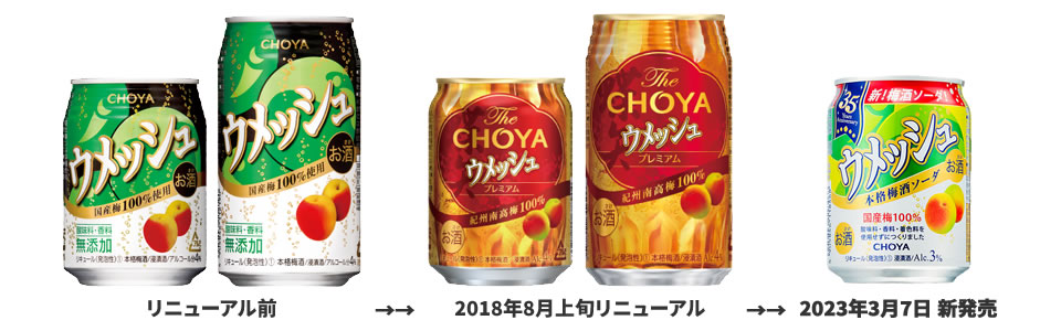 ▼「ウメッシュ」「The CHOYA ウメッシュ」「ウメッシュ本格梅酒ソーダ」のデザイン▼（画像）