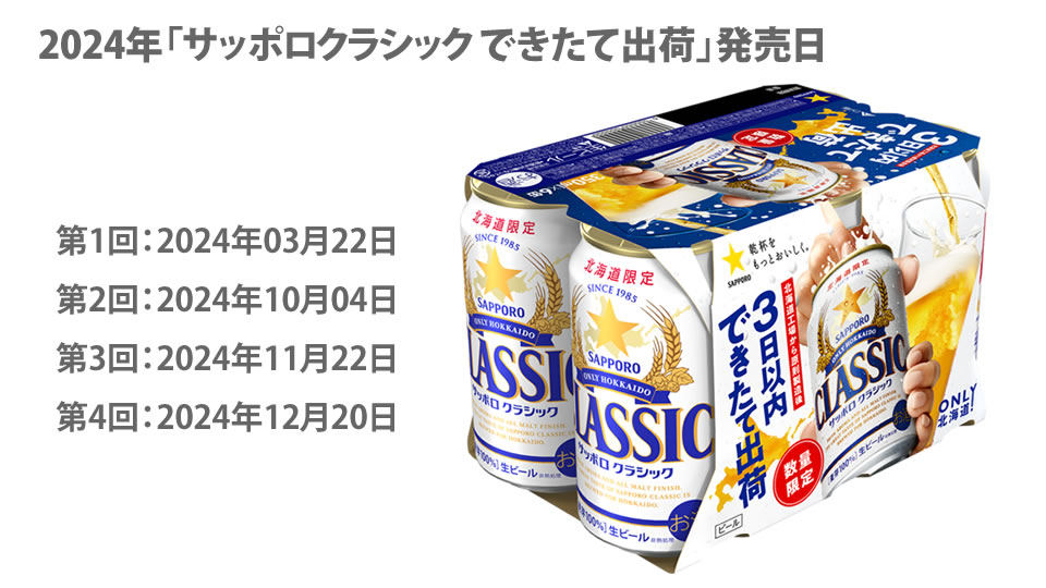 【サッポロ】03月22日を始め年4回「サッポロクラシック できたて出荷」北海道にて数量限定で発売【2024年】