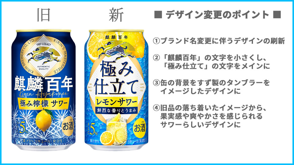 キリン「麒麟百年 極み仕立て レモンサワー」「麒麟百年 極み仕立て グレフルサワー」デザイン変更点