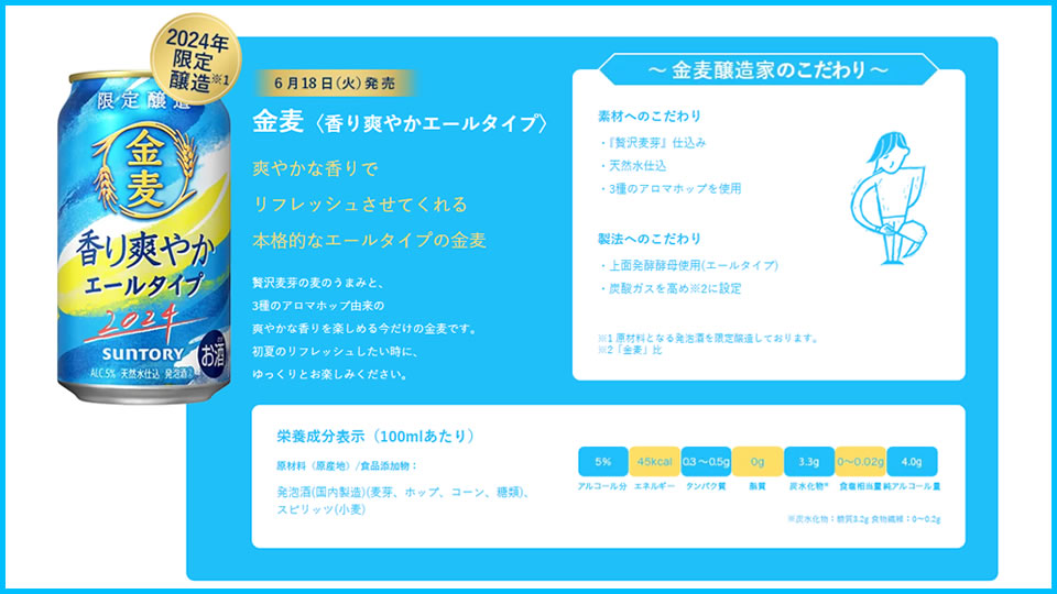 画像：ブランドサイト内「金麦〈香り爽やかエールタイプ〉」の説明