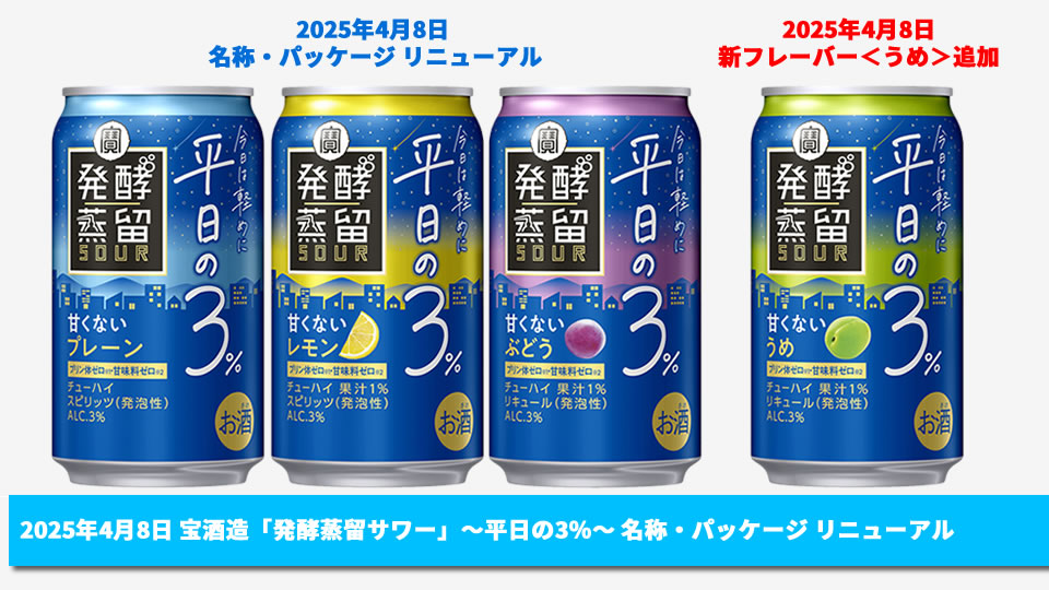【宝酒造】04月08日『タカラ「発酵蒸留サワー」～平日の3％～＜うめ＞』新発売＋既存商品にもサブネーム「～平日の3％～」を追加【2025年】