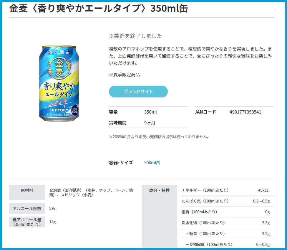 2024年の夏季限定商品「金麦〈香り爽やかエールタイプ〉」の原材料（画像）