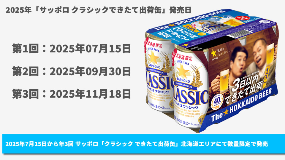 【サッポロ】07月15日を始め年3回「サッポロ クラシック できたて出荷」北海道にて数量限定で発売【2025年】